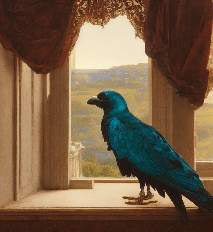 Prompt: a beautifully photoreal clear detailed victorian portrait of a close up raven on a victorian windowsill with an ornate velvet dark teal curtain at beautiful sunset daytime nature sunlit painting by frederic leighton and turner and rosetti, 8 k, octane render