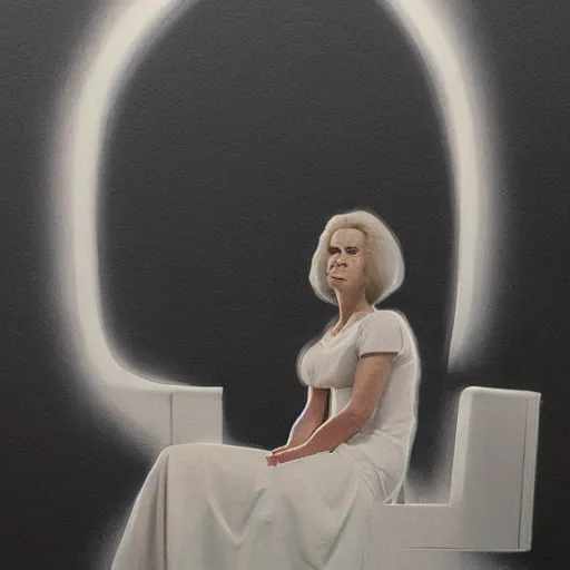 Prompt: a woman in a white dress sitting in a chair, concept art by john carpenter, volumetric lighting, photorealistic painting by jerry weiss, criterion collection