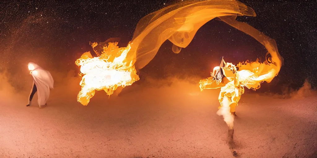 Image similar to music video fisheye slow motion with trail fire and smoke effect of futuristic break dancer wearing long dark cloak and golden helmet emitting fire and crystals, long exposure shot , enigmatic, at night in the middle of the arctic with red light A letter, paddle of water, steam, fog, water splashes, rim lights, glossy reflections, water droplets on lens, octane render, Volumetric dynamic lighting, stunning cover magazine, high details, hajime sorayama