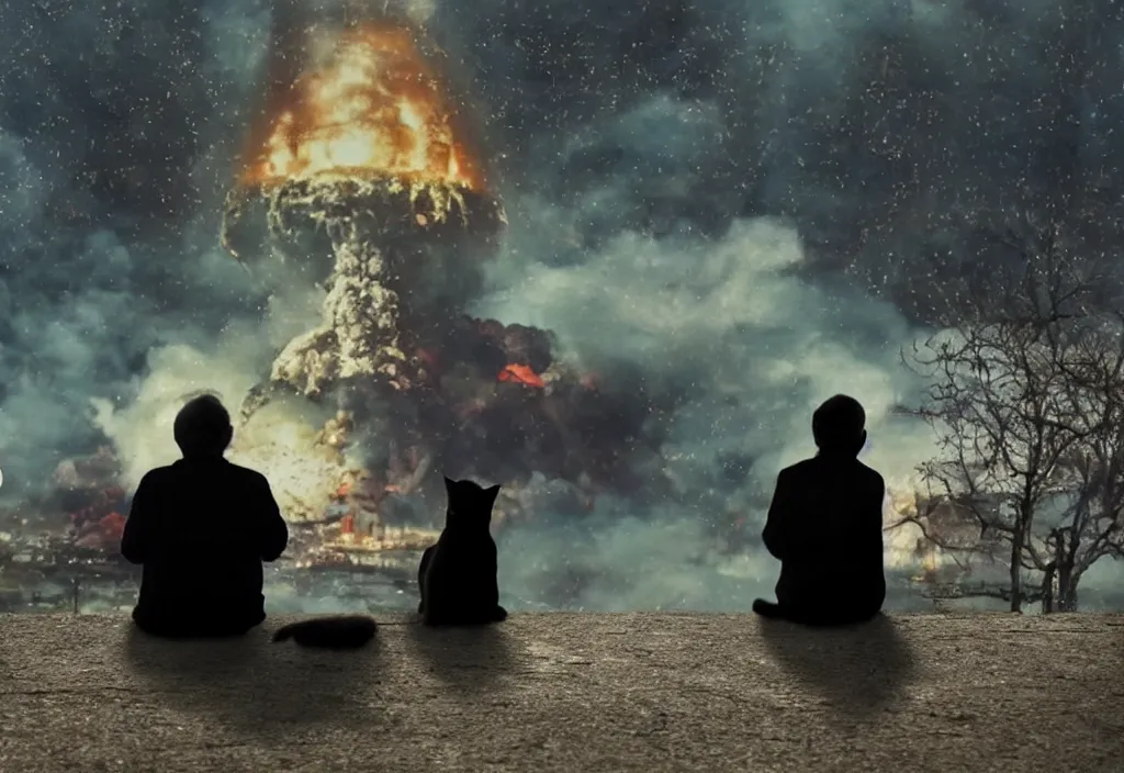 Image similar to old man sitting with black cat watching nuke explosion close up shot from behind, cinematic movie close up shot from behind, background blur bokeh, world ending nuke, 4 k