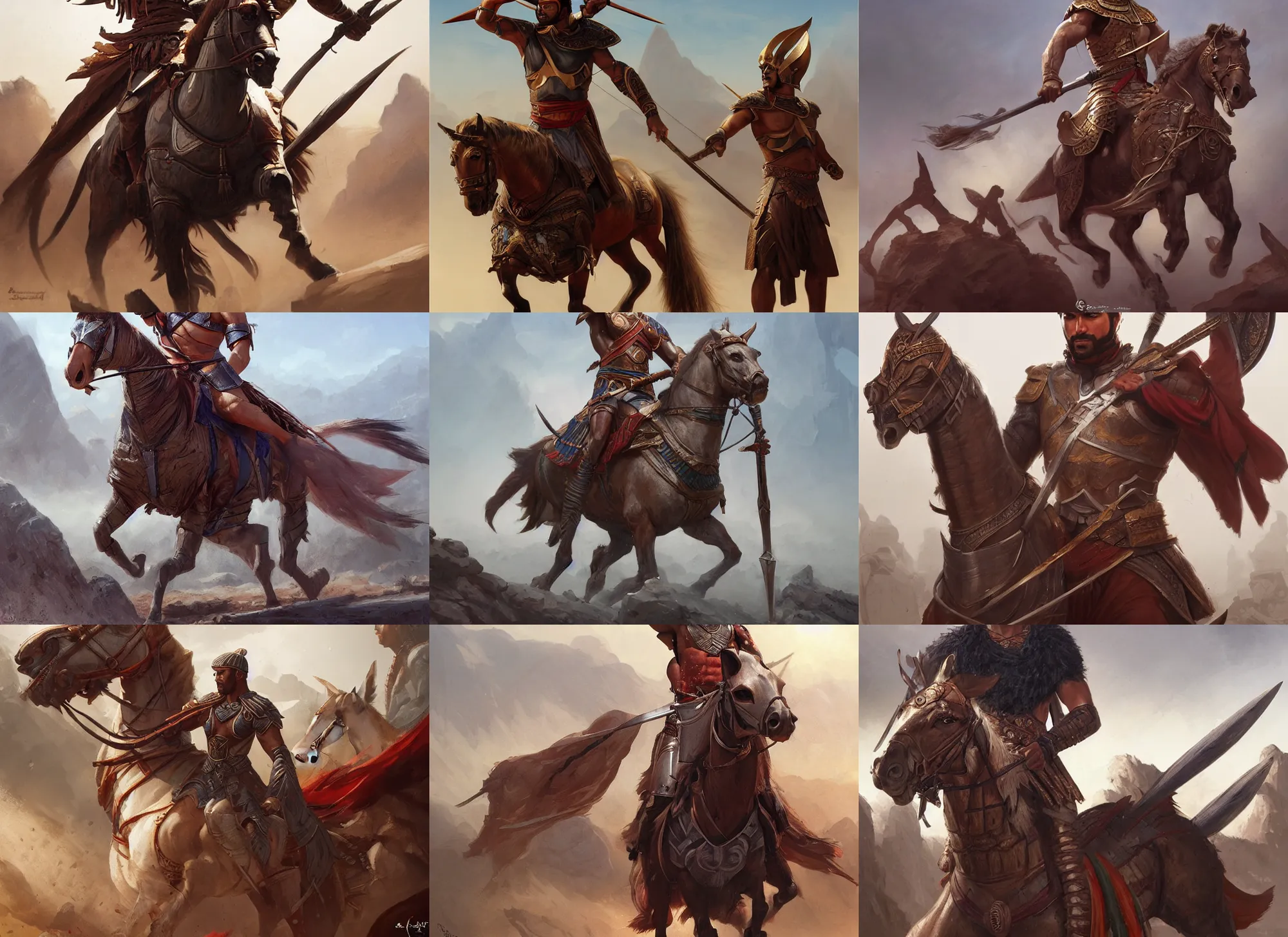 Prompt: ancient numidian cavalryman, full shot, highly detailed, digital painting, artstation, concept art, sharp focus, illustration, art by artgerm and greg rutkowski and raphael lacoste and magali villeneuve