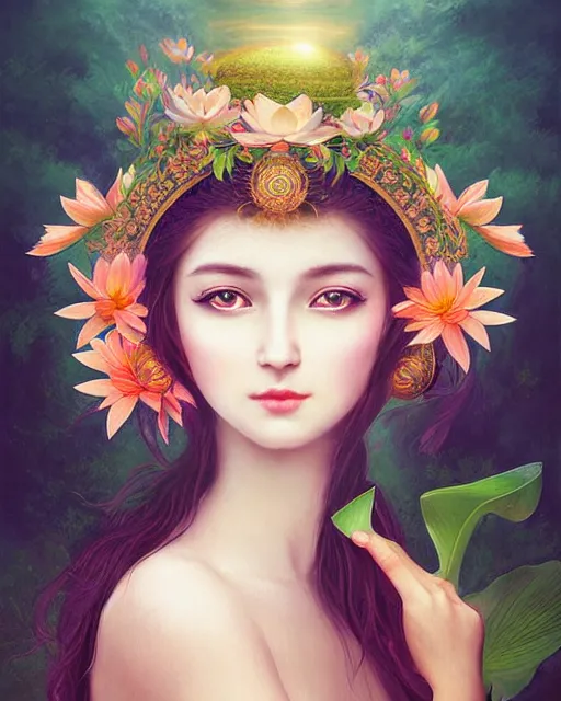 Image similar to the goddess of summer, with lotus on her head, half - length head portrait, dreamy, beautiful, by wlop