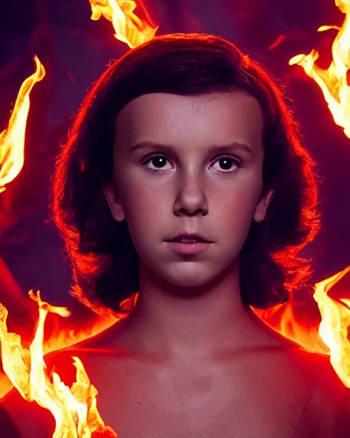 Image similar to Millie Bobby Brown made of fire, cinematic