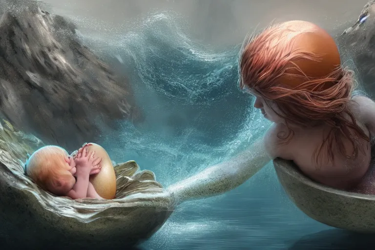 Image similar to a baby mermaid hatching out of a egg, matte painting, concept art, digital art, trending on artstation, 4 k, extremely detailed, realistic, fantasy art,