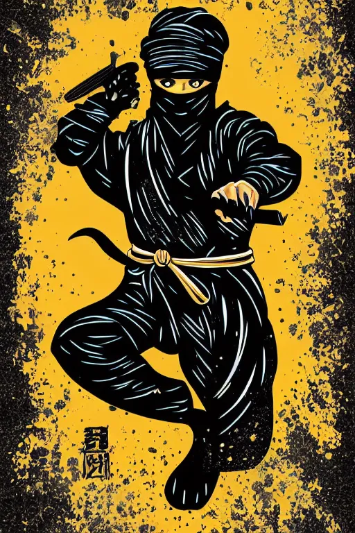 Image similar to Poster of a ninja in the style of die cut sticker, art by daniel Barreto , color, detailed, high resolution, vector art