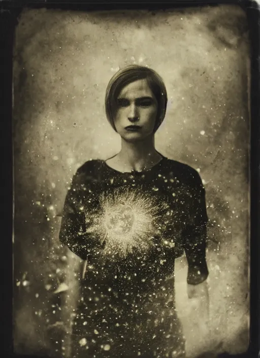 Image similar to old wetplate daguerreotype portrait, explosion of data fragments, fractal, intricate, elegant, highly detailed, parallax, leica, medium format, subsurface scattering, by marie harnett