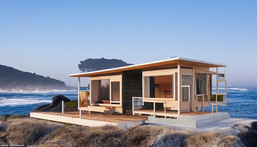 Prompt: An architectural rending of an eco-community of contemporary 3D printed sea ranch style cabins with rounded corners and angles, beveled edges, made of cement and concrete, organic architecture, on the California coastline with side walks, parks and public space , Designed by Gucci and Wes Anderson, golden hour