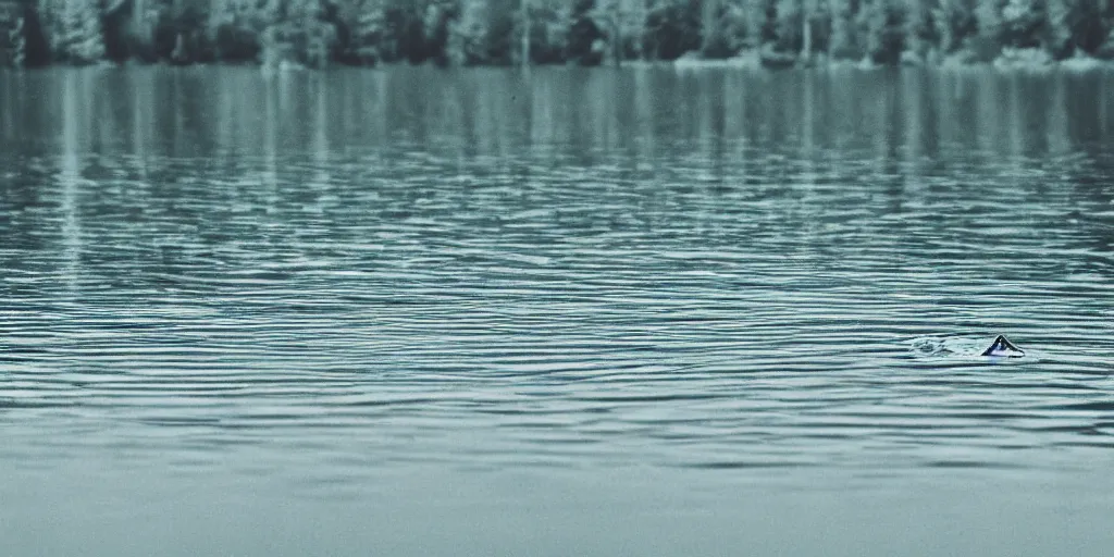 Prompt: centered photograph of a long rope zig zagging across the surface of the water, floating submerged rope stretching out towards the center of the lake, a dark lake on a cloudy day, color film, trees in the background, hyperedetailed photo, moody volumetric, anamorphic lens