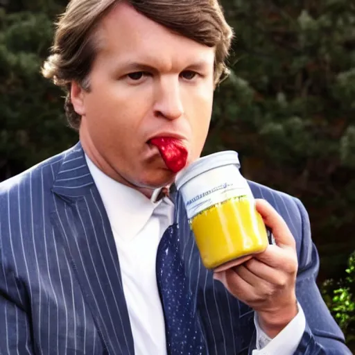 Prompt: Tucker Carlson eating an entire jar of mayonnaise and looking really salty about it