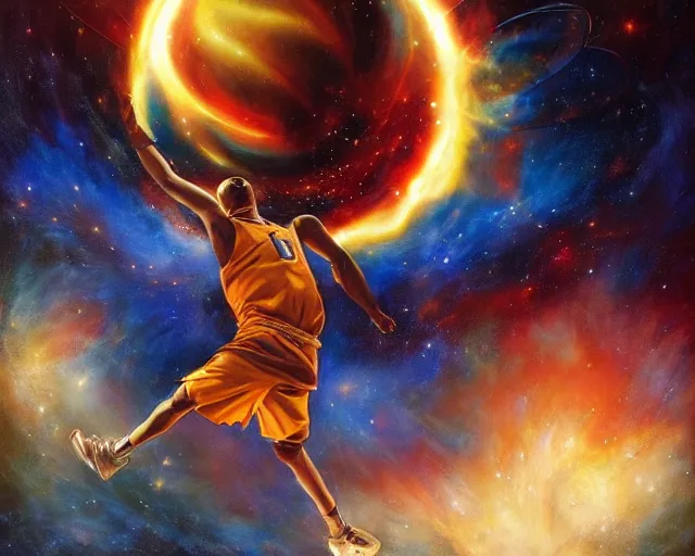 Image similar to cosmic basketball player dunking a basketball hoop in a nebula, an oil painting, by ( leonardo da vinci ) and greg rutkowski and rafal olbinski and ross tran, award - winning magazine cover