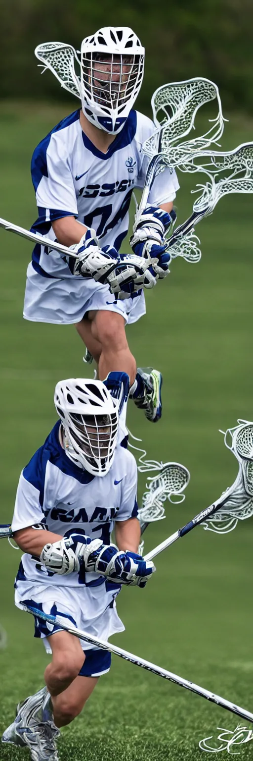 Image similar to lacrosse player, soccer field, cascade helmet, realistic, running, very detailed, 8k, high resolution, ultra realistic, no grain, symmetry, normal proportions, sports illustrated style, Cascade XRS Custom Lacrosse Helmet, brine lacrosse stick, Brine Lacrosse King V Gloves, normal feet, Nike Alpha Huarache 7 Elite, STX Surgeon 700 Lacrosse Arm Guards