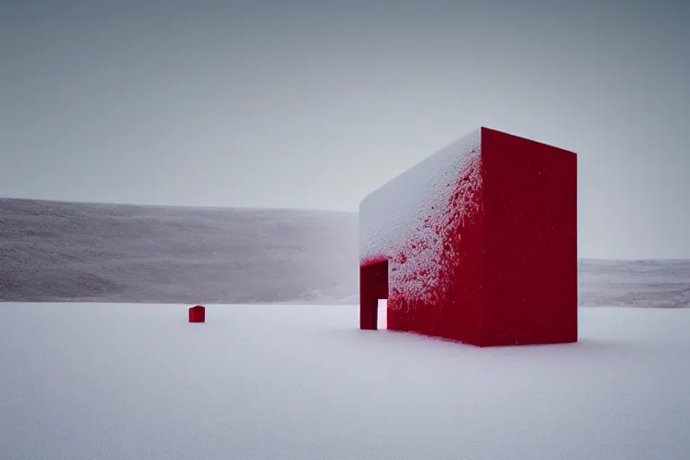 Prompt: a red cube buried in snow, surreal frozen landscape, 8 k, cinematic lighting, by beeple and zdzisław beksinski