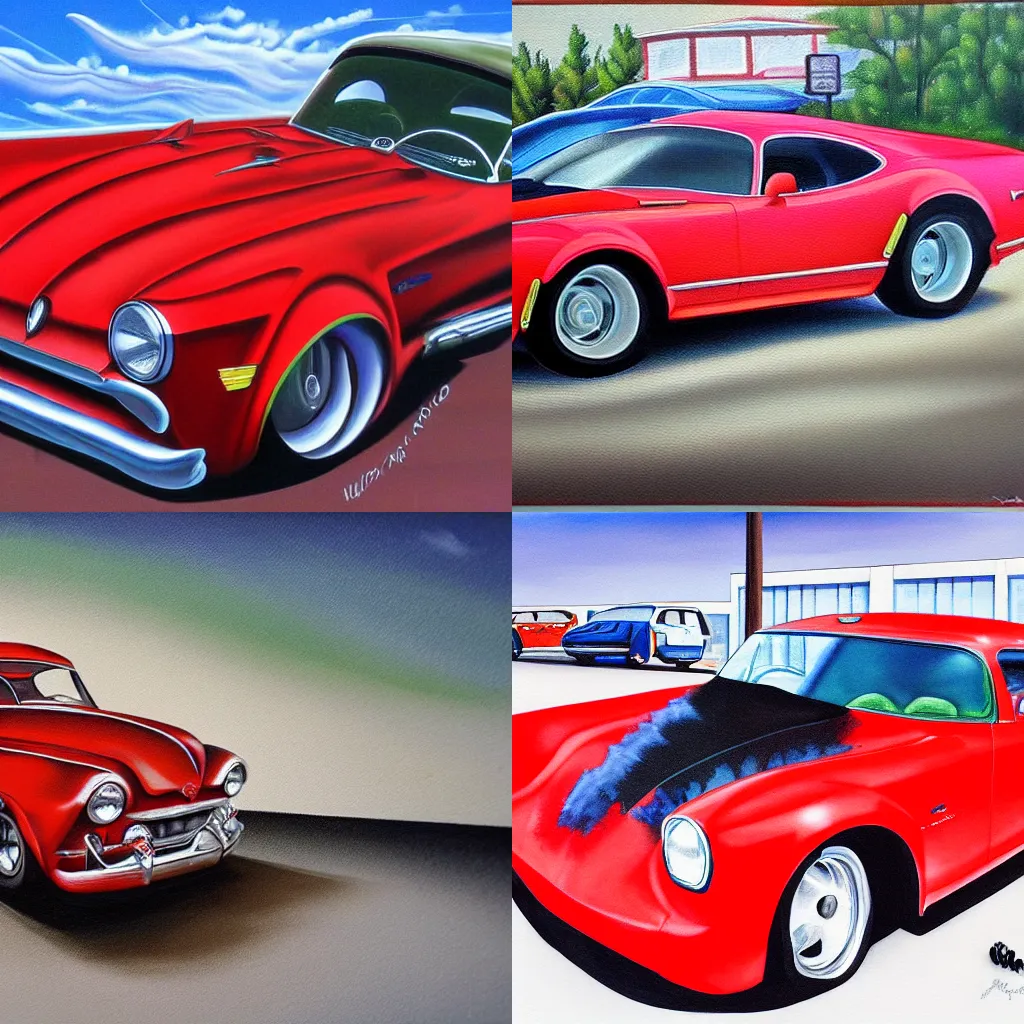 Prompt: a red car with its hood open in a parking lot, an airbrush painting by kurt roesch, featured on flickr, cobra, creative commons attribution, lowbrow, polished