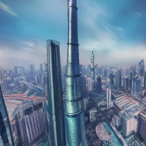 Image similar to a girl flying upon shanghai lujiazui, cityscape, cloud day, artstation, 8 k