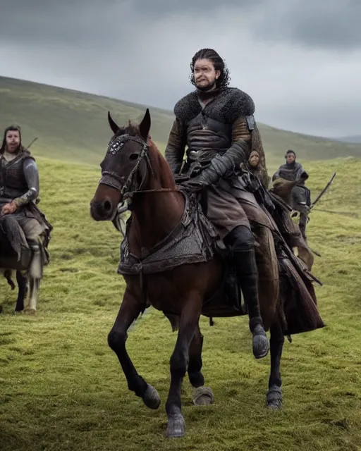 Prompt: kit harington as Uhtred of Bebbanburg, on horseback, ready to lead his men into battle, in the last kingdom, 4k tv still, cdx