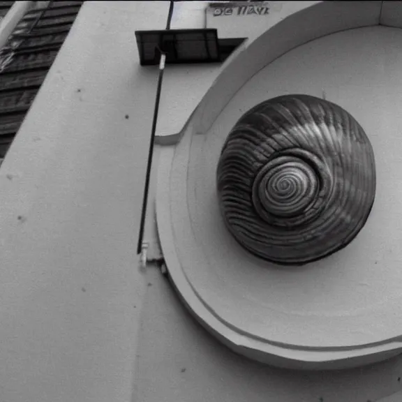 Image similar to giant snail caught sneaking around on cctv, surveillance footage, black and white, low quality