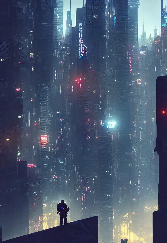 Image similar to a lone police officer overlooking a ledge towards the city below in cyberpunk new york city | highly detailed | very intricate | cinematic lighting | by asher brown durand and eddie mendoza | featured on artstation