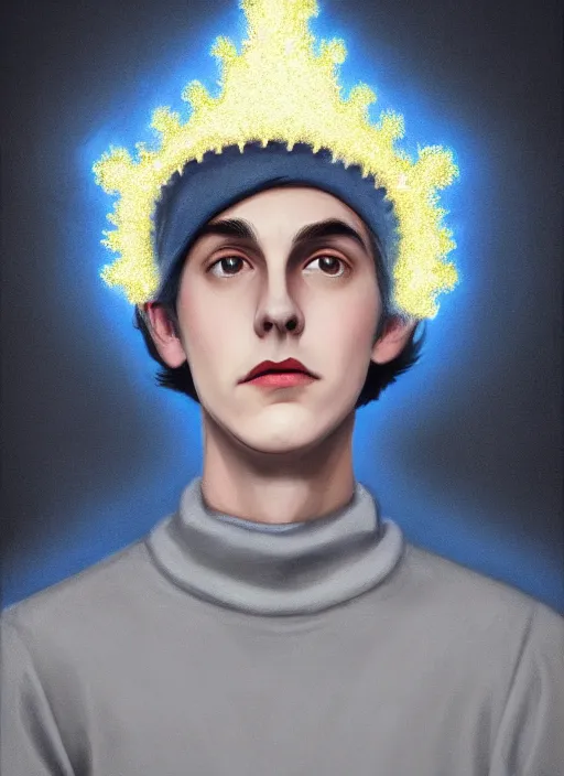 Image similar to portrait of teenage jughead jones wearing a light grey crown, crown, blue turtleneck, 1 9 5 0 s, closed eyes, photorealistic, black hair, glowing lighting, intricate, elegant, glowing lights, highly detailed, digital painting, artstation, concept art, smooth, sharp focus, illustration, art by wlop, mars ravelo and greg rutkowski