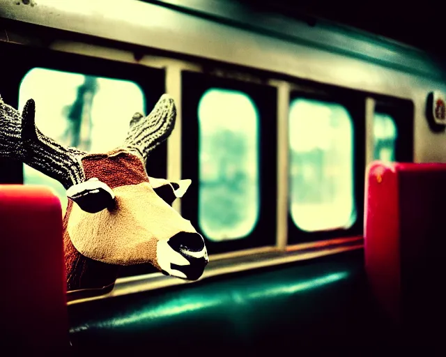 Image similar to a lomography photo of rumble between two human with deer head in soviet train this morning, bokeh,