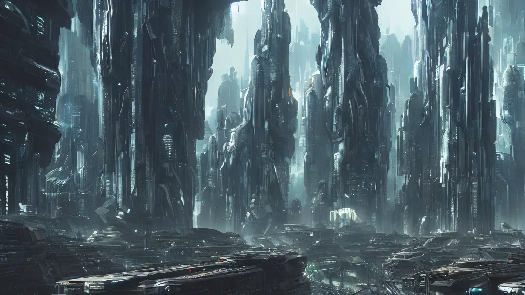 Prompt: a vast alien city, bustling and alive, futuristic, biological, cyberpunk, sinister, lightening and smog, dust, ultra realistic, hyper detailed, concept art, cinematic, wide lens,