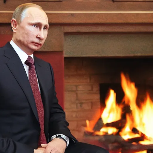 Image similar to vladimir putin in a waistcoat staring at a log fire photograph, dslr, rule of thirds