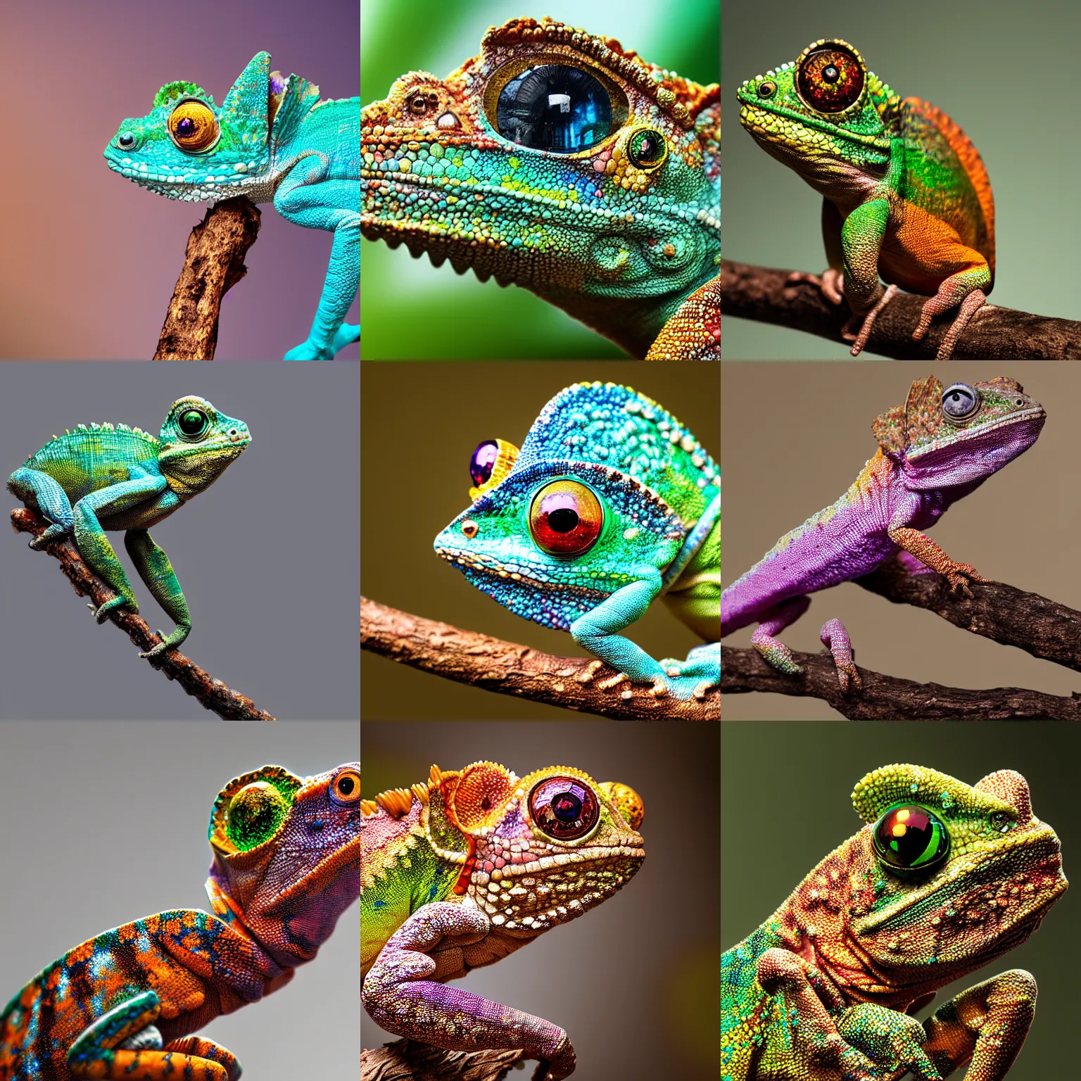 Prompt: portrait of a chameleon made of jewels gemstones precious metals, on a branch, trending on artstation, colorful, intricate, photorealistic, unreal 5 engine, dlsr, bokeh