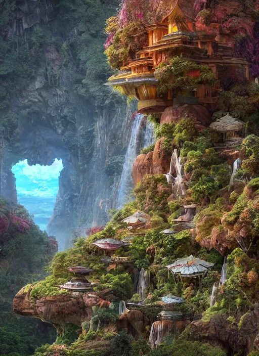 Image similar to visions of a gorgeous landscape of utopian nature surrounding shangri la with vedic architecture and precise details by alex grey, and greg rutkowski, filled with nature gods and dreamcatcher portals, hdr, 3 d, photorealism, mandelbulb 3 d, volumetric lighting, octane render.