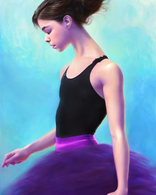 Prompt: hailee steinfeld as a ballerina, perfect face, purple halter top, black hair, abs, cinematic, young adult, slim face, stunning, adorable, cute, athletic, strong, agile, highly detailed, psychedelic, digital painting, artstation, smooth, hard focus, illustration, art by jessica rossier and and brian froud