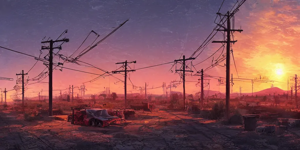 Image similar to train station roadside old west saloon cyber punk post apocalyptic telephone poles billboards cactus graveyard sunset sky clouds illustration by syd mead artstation 4 k 8 k graphic novel concept art matte painting unreal engine ue 5