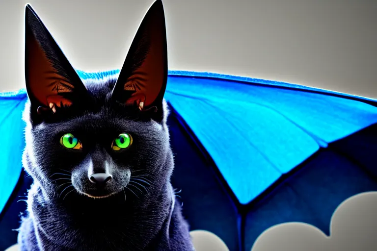 Image similar to a blue - and - black male catbat fursona with blue / green heterochromatic eyes ( one blue, one green ) and huge bat ears, photo of the catbat streaming on his computer