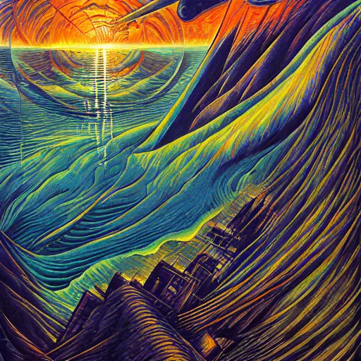 Image similar to water, fire, fog, surreal by dan mumford and umberto boccioni, oil on canvas