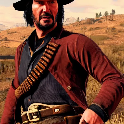 Prompt: Keanu Reeves as a Red Dead Redemption 2 character, dressed as a Western sheriff, in game screenshot