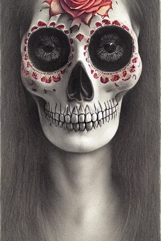 Image similar to Illustration of a sugar skull day of the dead girl, art by Zdzislaw Beksinski