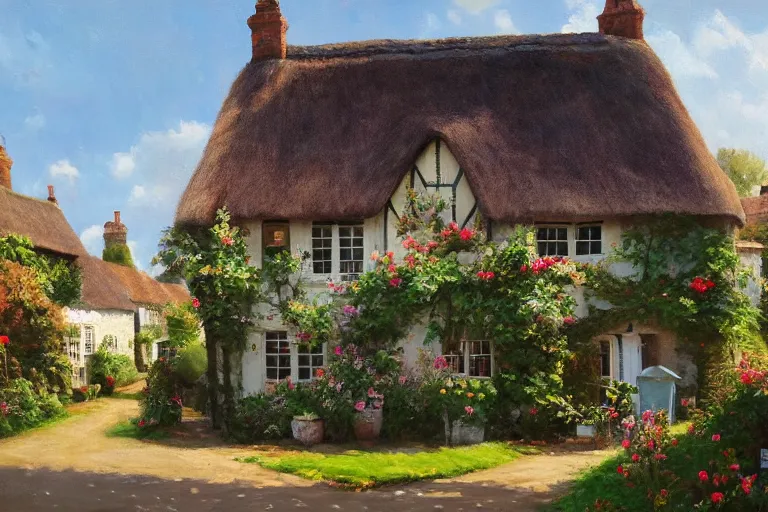 Prompt: A quaint cottage in an English village, merry england, oil on canvas, 4k, detailed, in the style of Alena Aenami
