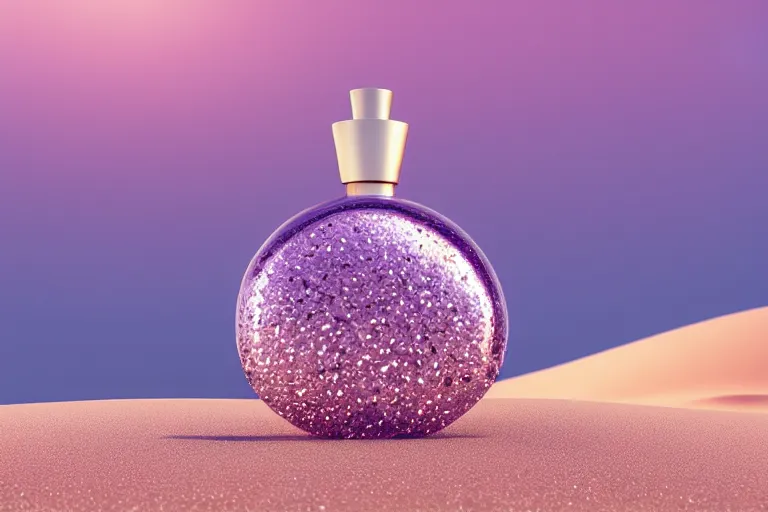 Prompt: perfume bottle buried in glittering oasis in the middle of a desert with blurred soft background flowers, soft lilac skies, silky smooth, dramatic, mid day, sand dune background, large scale, wind - swept, lots of detail, realistic lighting, octane render, by wlop, artgerm, trending on artstation