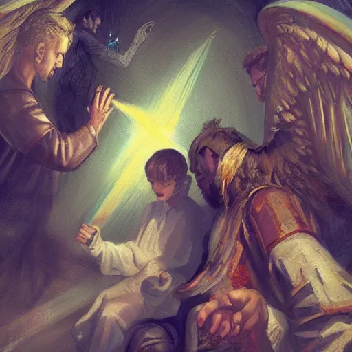 Image similar to angels protecting a praying man, by Quentin de Warren, Trending on artstation, deviantart