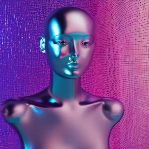 Image similar to 3d render of holographic human robotic head made of glossy iridescent, surrealistic 3d illustration of a human face non-binary, non binary model, 3d model human, cryengine, made of holographic texture, holographic material, holographic rainbow, concept of cyborg and artificial intelligence