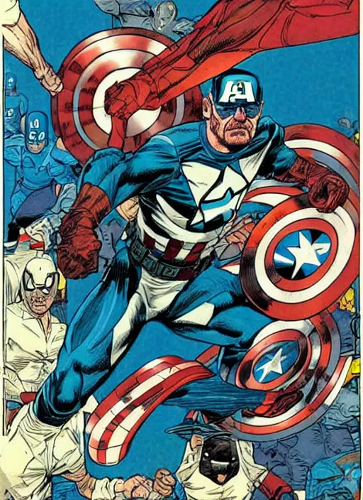 Prompt: Walter White as Captain America by Moebius, vintage 1960 print