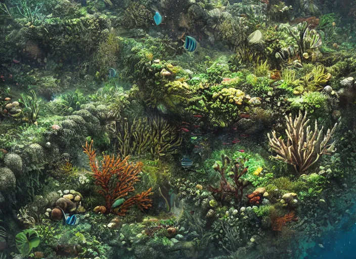 Image similar to overgrown foliage overtaking favela, underwater environment, buildings, coral, scenery, professional, award - winning, trending on artstation, detailed, realistic, beautiful, emotional, shiny, golden, picture