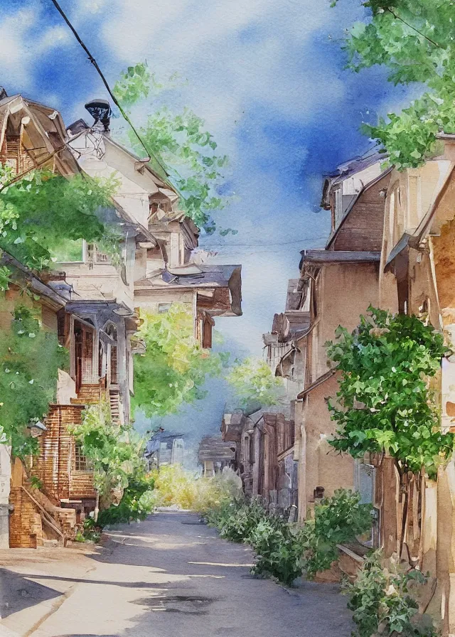 Image similar to street lined with old residential houses summer watercolor by arti chauhan trending on artstation