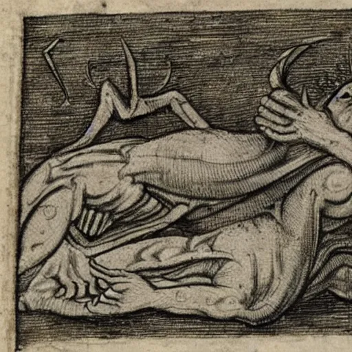 Image similar to medieval sketch of a demon representing exhaustion