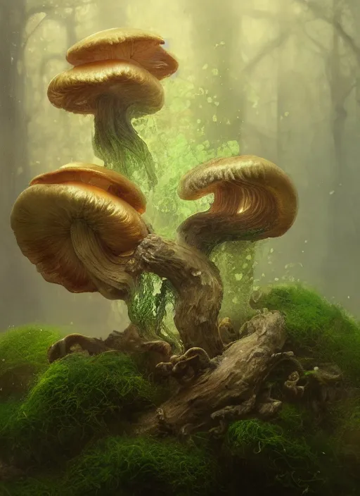 Image similar to Head of a forgotten Deity, translucent mushrooms, moss, extremly detailed digital painting, in the style of Fenghua Zhong and Ruan Jia and jeremy lipking and Peter Mohrbacher, mystical colors, rim light, beautiful lighting, 8k, stunning scene, raytracing, octane, trending on artstation