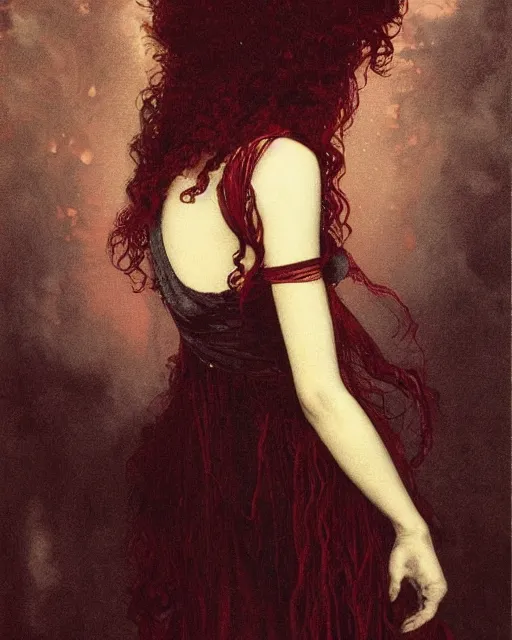 Prompt: a beautiful but sinister girl in layers of fear, with haunted eyes and curly hair, eerie moorlands behind her, 1 9 7 0 s, seventies, delicate embellishments, a little blood, crimson, painterly, offset printing technique, by alexandre cabanel