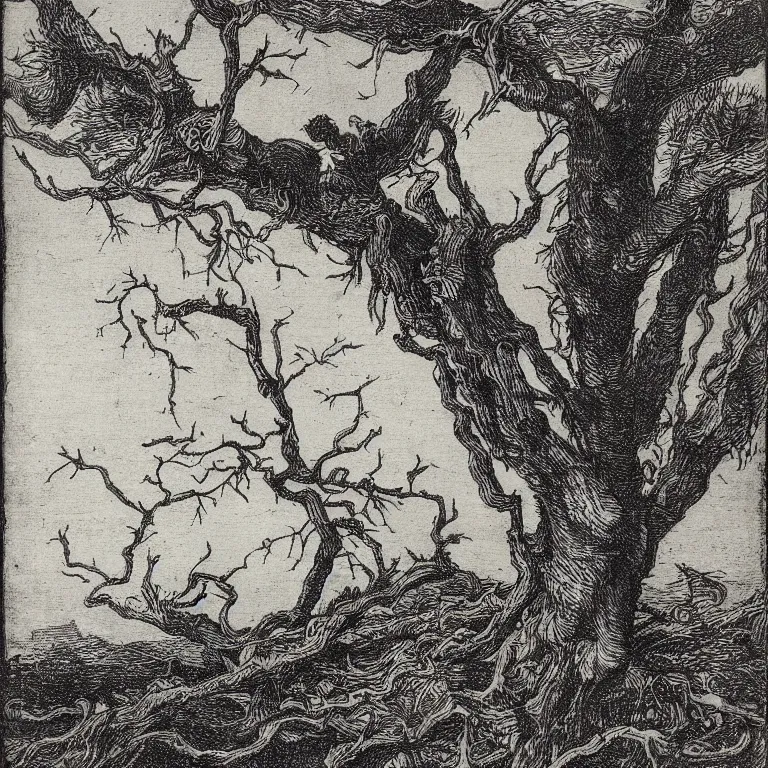 Prompt: etching of a hanged man to a dead tree by jacques callot, HD very detailed and very precise