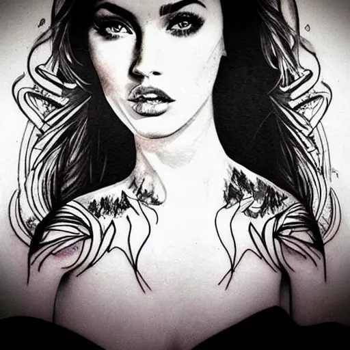 Image similar to tattoo design sketch with double exposure effect, megan fox face faded with beautiful mountain scenery, in the style of matteo pasqualin, amazing detail, pinterest tattoo