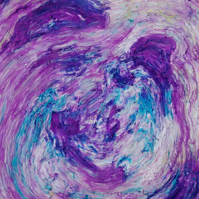 Prompt: abstract multiple layers of purple and blue shades paint dripping and running in a circular pattern in the rough form of a head, oil on canvas, detailed