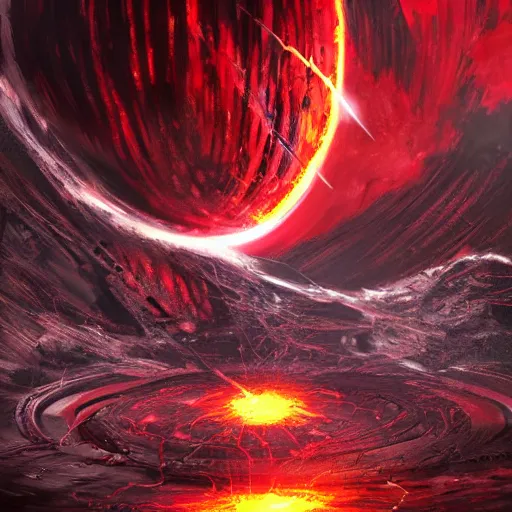 Prompt: red planetoid exploding, cracked, shattered, concept art, high fantasy, extreme detail