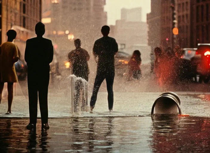 Image similar to a 3 5 mm photo from the back of people playing in splashing water from an open fire hydrant in the streets of new york city in the 1 9 6 0 s, bokeh, canon 5 0 mm, cinematic lighting, dramatic, film, photography, golden hour, depth of field, award - winning, 3 5 mm film grain