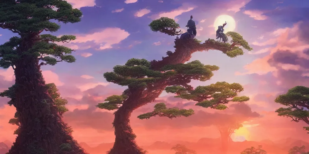 Image similar to giant monster in the distance, forest, standing on a tree top, 4 k, artgerm, high detail, dramatic lighting, sunset, hayao miyazaki, masashi ando, nizou yamamoto, kazuo oga, joe hisaishi, yoji takeshige, naoya tanaka