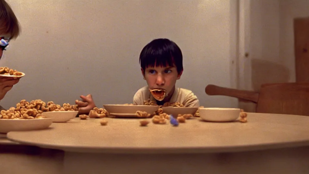 Image similar to a kid eats cereal from a bowl at a table, film still from the movie directed by Wes Anderson with art direction by Zdzisław Beksiński, wide lens